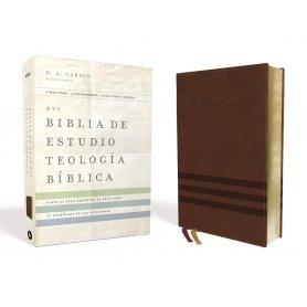 Biblia NVI de Estudio Teología Bíblica Piel Café Interior a Cuatro Colores