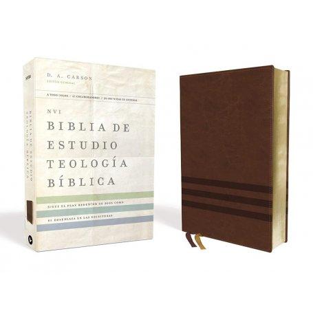 Biblia NVI de Estudio Teología Bíblica Piel Café Interior a Cuatro Colores