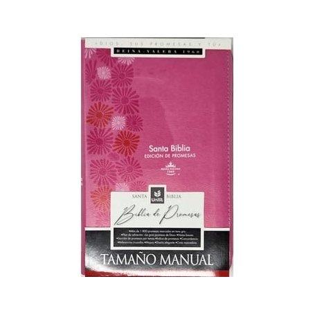 Biblia RVR 1960 de Promesas Letra Grande Tamaño Manual Rosada Flores Simil Piel con Cierre