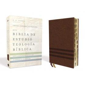 Biblia NVI de Estudio Teología Bíblica Piel Café con Índice Interior a Cuatro Colores