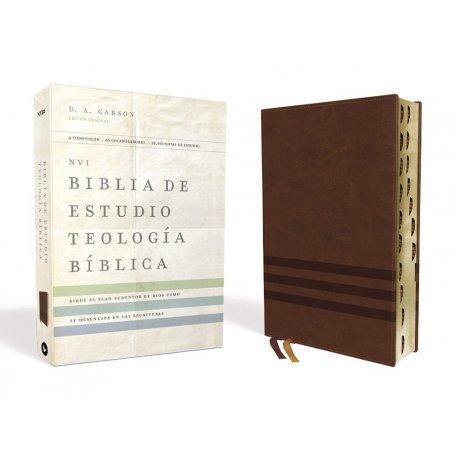 Biblia NVI de Estudio Teología Bíblica Piel Café con Índice Interior a Cuatro Colores