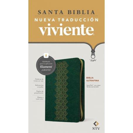 Biblia NTV Ultrafina con Filament Verde Esmeralda Símil Piel con Cierre