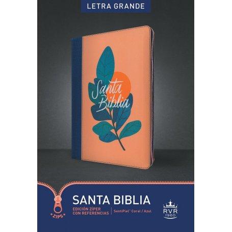 Biblia RVR 1960 con Referencias Letra Grande Palabras de Jesús en Rojo Símil Piel Coral Azul Cierre