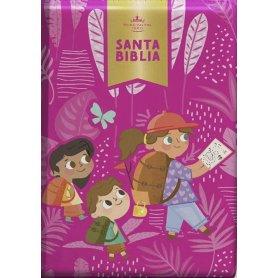 Biblia RVR 1960 Interactiva para Niños Letra Grande Rosa Símil Piel Con Cierre