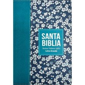 Biblia RVR 1960 Compacta Símil Piel Flores Azul Verde