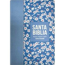 Biblia RVR 1960 Compacta Símil Piel Flores Azul Grisáceo