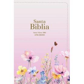 Biblia RVR 1960 Compacta Letra Grande 11 puntos Símil Piel Rosa Flores con Cierre y Índice