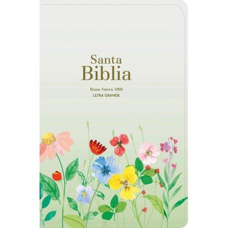 Biblia RVR 1960 Compacta Letra Grande 11 puntos Símil Piel Verde Claro Flores con Cierre y Índice