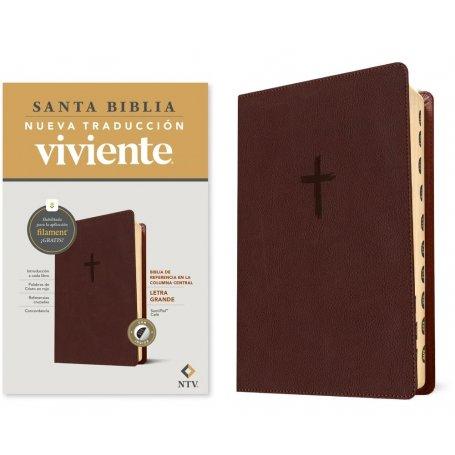 Biblia NTV Referencia Central Letra Grande con Filament Símil Piel Café Índice, Letra Roja