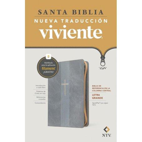Biblia NTV Referencia Central Letra Grande con Filament Símil Piel Cierre Gris Letra Roja